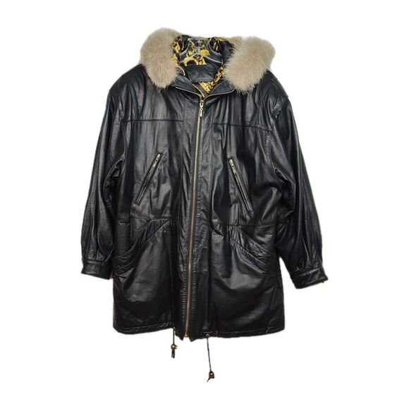 Jacqueline Ferrar Genuine Leather Parka Coat Women's M Black Hood w/ Coyote Trim - Picture 1 of 8